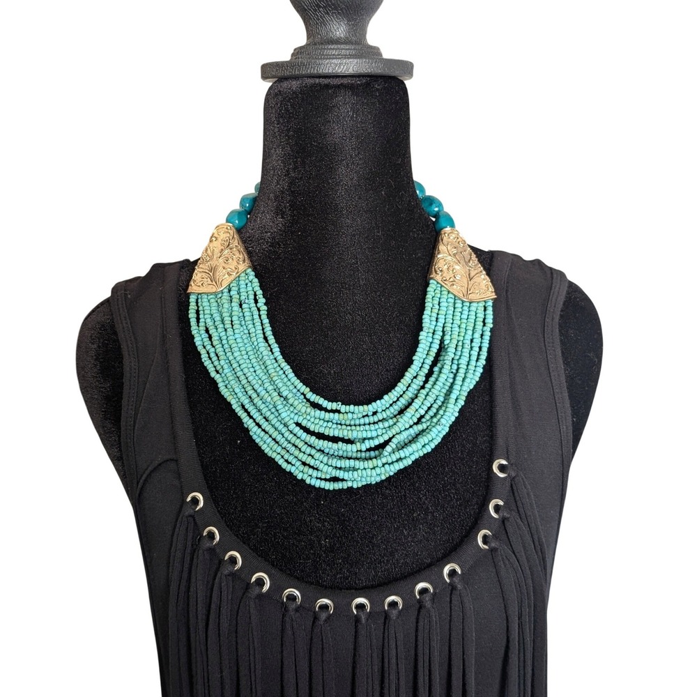 Vintage 00s Western Boho Chunky Turquoise Beaded Engraved Hardware Necklace